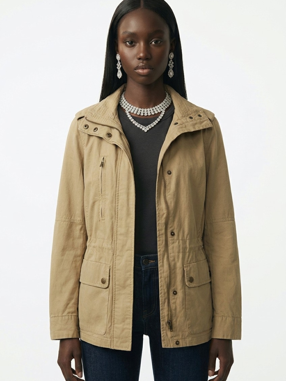 Love Tree Khaki Utility Jacket with Drawstring Waist